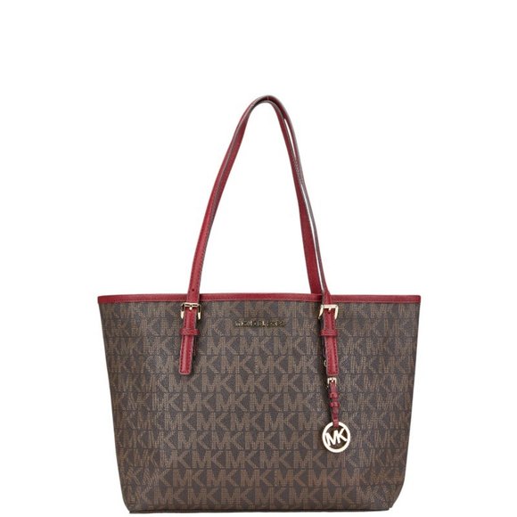 Michael Kors MK Signature Tote Bag in Brown and Red Leather for Women - Picture 1 of 13